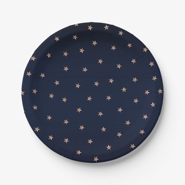 Dark Blue & Rose Gold Pink Glittery Stars Paper Plate (Front)