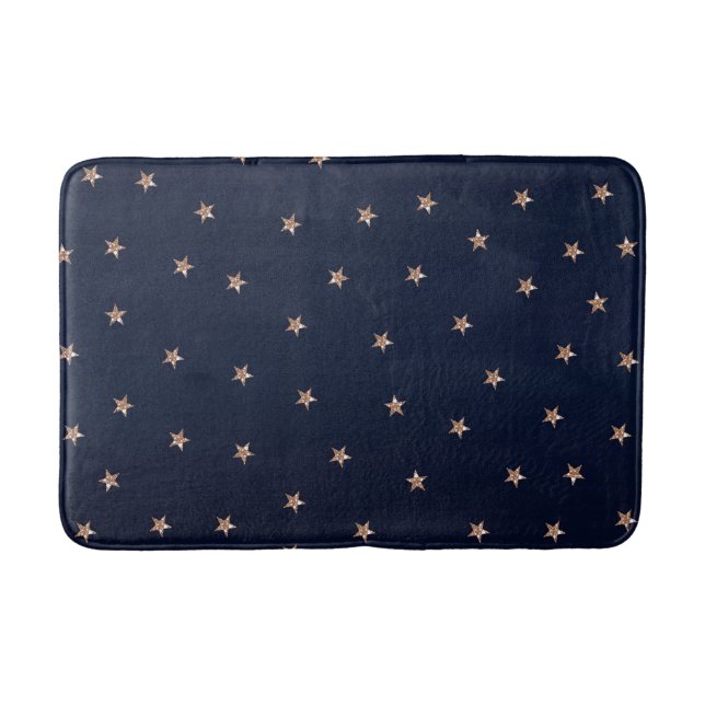 Dark Blue & Rose Gold Pink Glittery Stars Starry Bath Mat (Front)