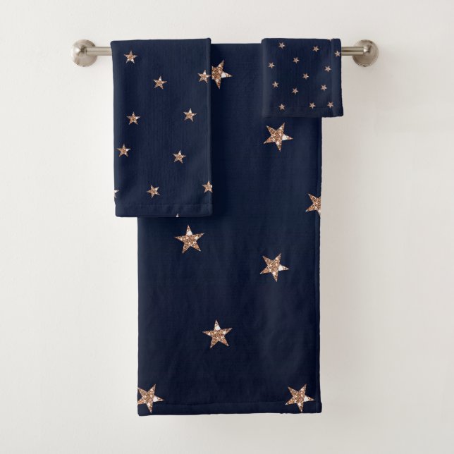 Dark Blue & Rose Gold Pink Glittery Stars Starry Bath Towel Set (Insitu)