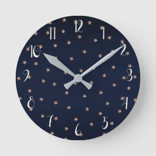 Dark Blue & Rose Gold Pink Glittery Stars Starry Round Clock