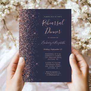 Dark Blue Rose Gold Wedding Rehearsal Dinner Invitation