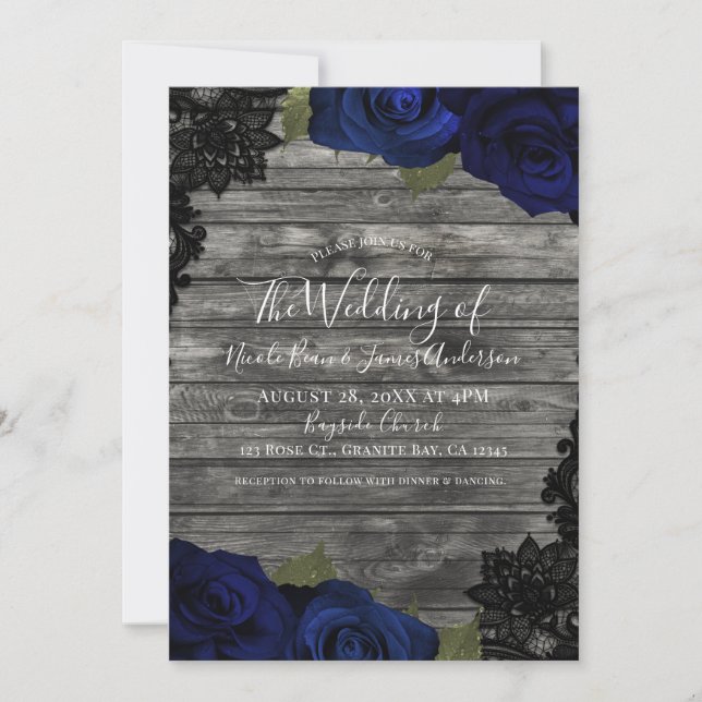 Dark Blue Roses Rustic Wood Black Lace Wedding Invitation (Front)