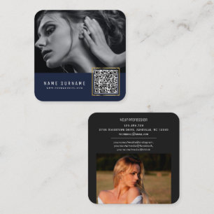 Dark blue scannable barcode QR code photo  Square Business Card