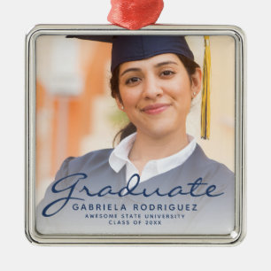 Dark Blue Script Photo Graduation Keepsake Metal Ornament