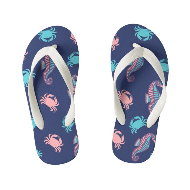 Dark Blue Seahorse and Crab Kids Flip Flops (Footbed)