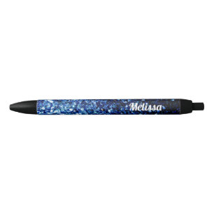 Dark Blue shiny faux glitter sparkles Personalize Black Ink Pen