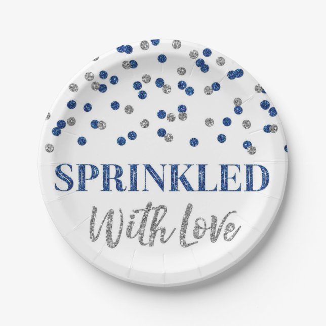Dark Blue Silver Confetti Sprinkled with Love Paper Plate (Front)