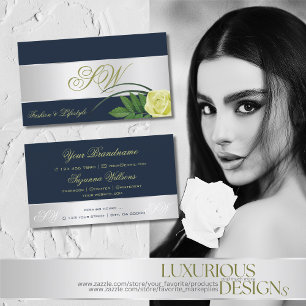 Dark Blue Silver Decor Rose Flower with Monogram Business Card