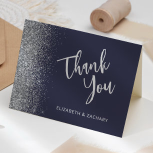 Dark Blue Silver Glitter Wedding Thank You Card