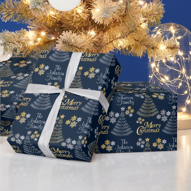 Dark Blue &Silver - Gold Scribble Christmas Tree Wrapping Paper (Holidays)