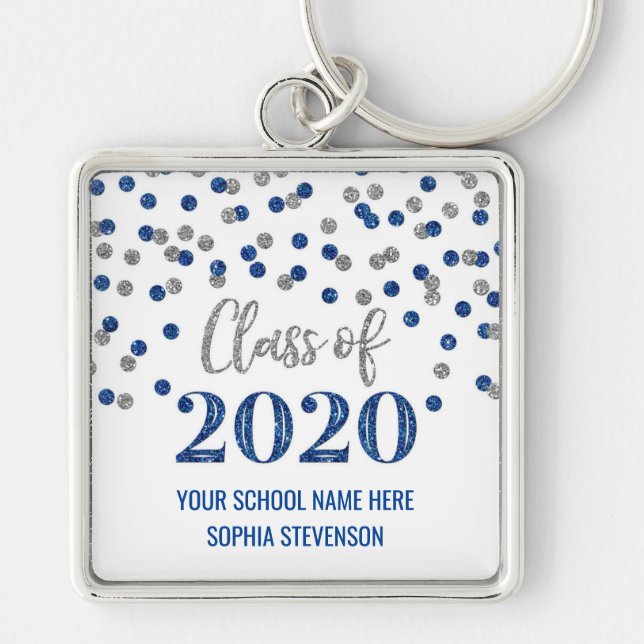 Dark Blue Silver Graduation Class of 2020 Confetti Keychain (Front)