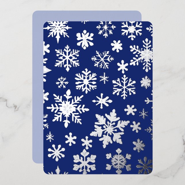 Dark Blue Silver Snowflake Foil Holiday Card (Front/Back)