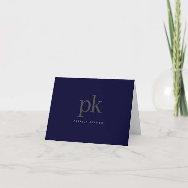 Dark Blue Simple Monogram Name Plain Thank You Card (Front)