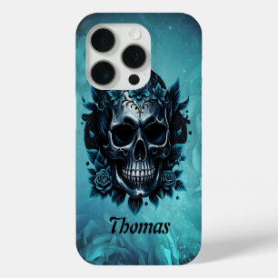 Dark blue skull with roses. iPhone 15 pro case