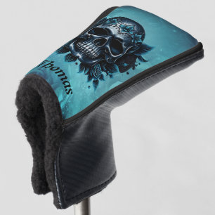 Dark blue skull with roses. golf head cover