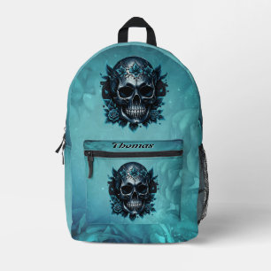 Dark blue skull with roses. printed backpack
