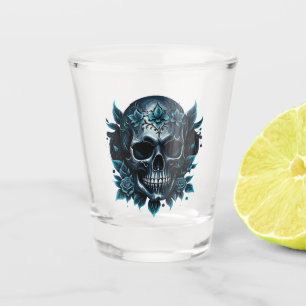 Dark blue skull with roses. shot glass