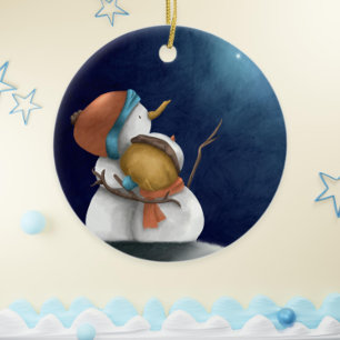 Dark blue sky Snowmen hugging seeing stars Ceramic Ornament