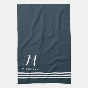 Dark Blue Sophisticated Stripes and Monogram Kitchen Towel