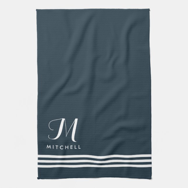 Dark Blue Sophisticated Stripes and Monogram Kitchen Towel (Vertical)
