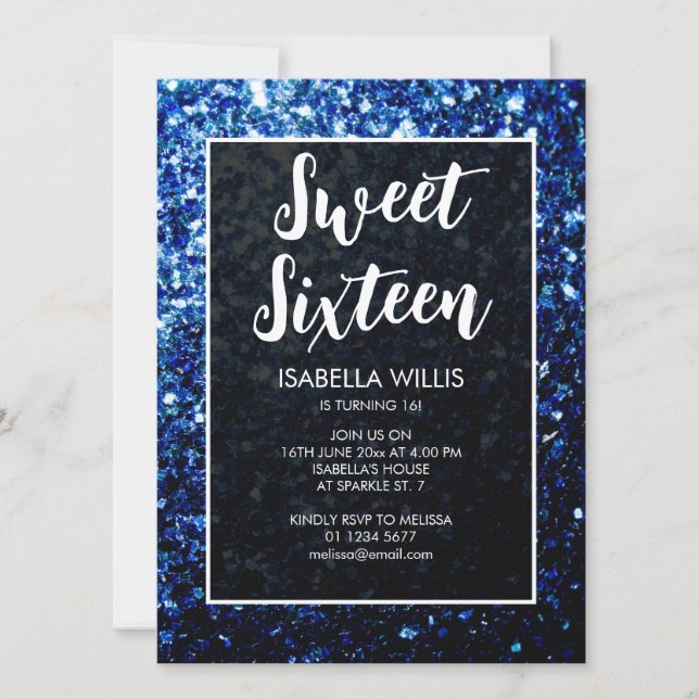 Dark blue sparkles Sweet 16 elegant script Invitation (Front)