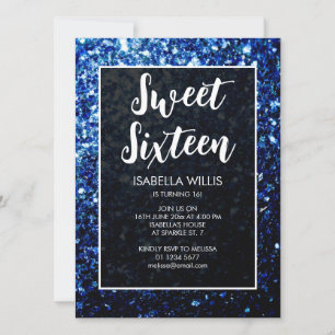 Dark blue sparkles Sweet 16 elegant script Invitation