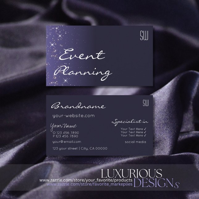 Dark Blue Sparkling Glitter Stars with Monogram Business Card (Creator Uploaded)