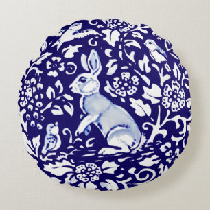 Dark Blue Standing Rabbit Bird Forest Dedham Delft Round Pillow