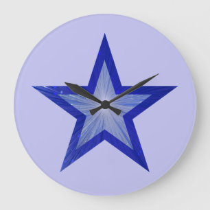 Dark Blue Star clock round pale blue