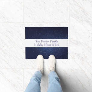 Dark Blue Starry with Custom Family Name Holiday Doormat
