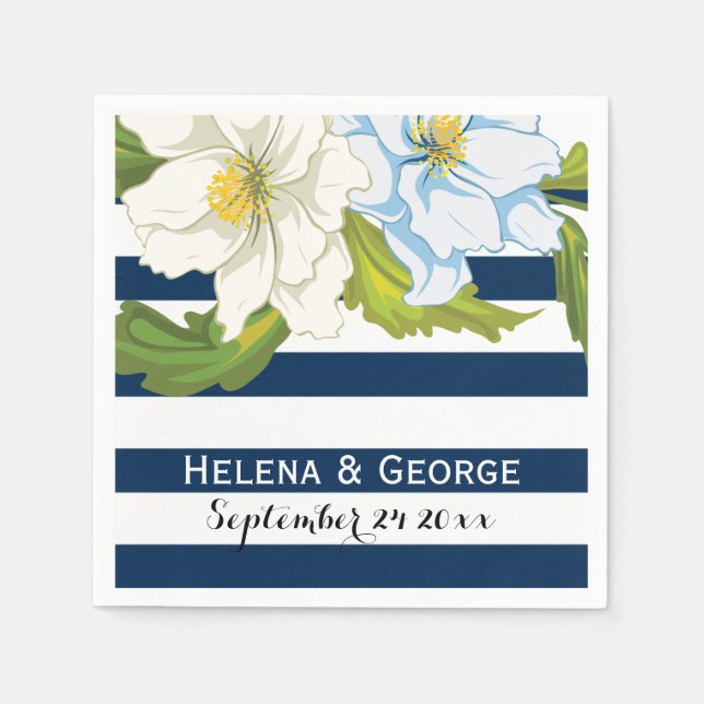 Dark blue stripes & flowers modern floral wedding napkin (Front)