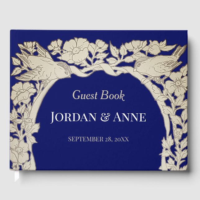 Dark Blue Tan Floral Bird Pencil Drawing Wedding Guest Book (Front)
