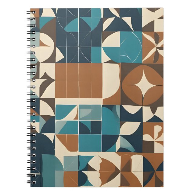 Dark Blue, Teal, Brown, and Tan Geometric Pattern Notebook (Front)