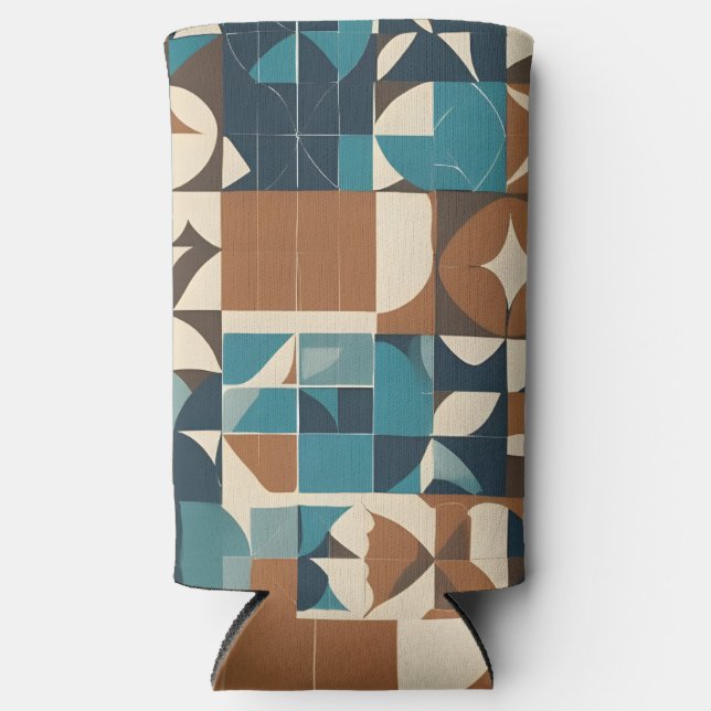 Dark Blue, Teal, Brown, and Tan Geometric Pattern Seltzer Can Cooler (Front)