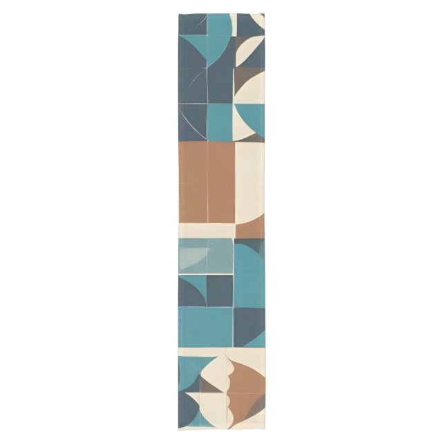 Dark Blue, Teal, Brown, and Tan Geometric Pattern Short Table Runner (Front)