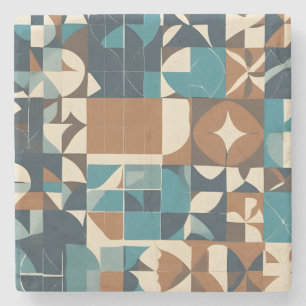 Dark Blue, Teal, Brown, and Tan Geometric Pattern Stone Coaster