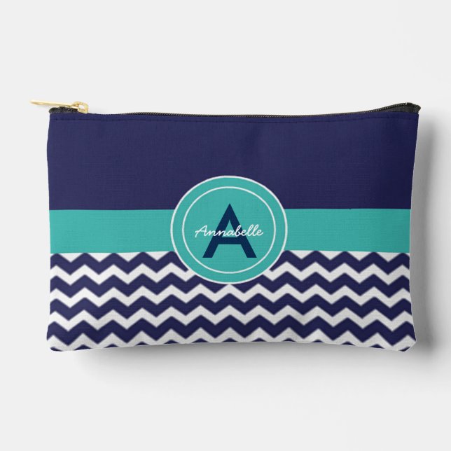 Dark Blue Teal Chevron Accessory Pouch (Front)