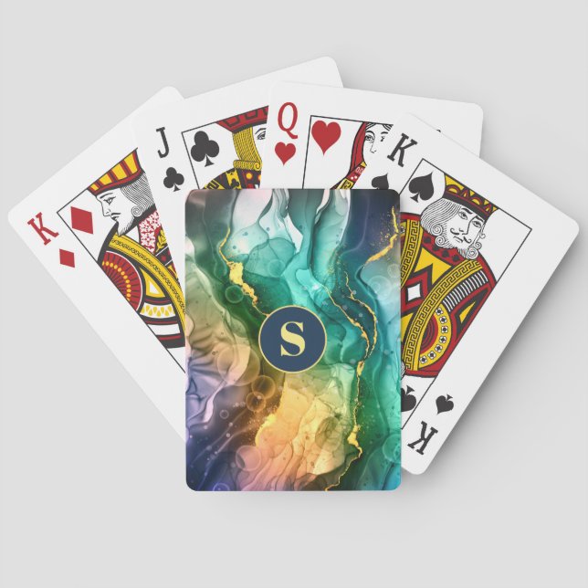Dark Blue Teal Yel Pink Green Liquid Ink, Monogram Playing Cards (Back)