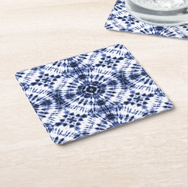 Dark Blue Tie Dye Pattern Square Paper Coaster (Angled)