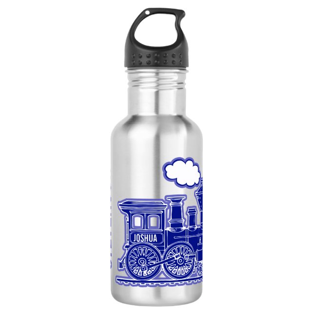 Dark blue train kids boys full name drinks bottle (Front)