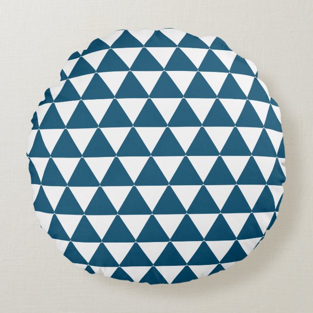 Dark blue triangles white pattern round pillow (Front)