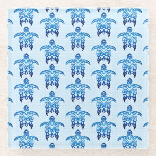 Dark Blue Tribal Honu Turtles Glass Coaster