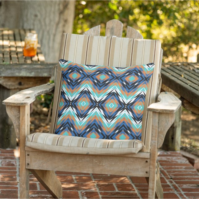 Dark Blue Turquoise Terracotta Black Tribal Art Outdoor Pillow (Chair)