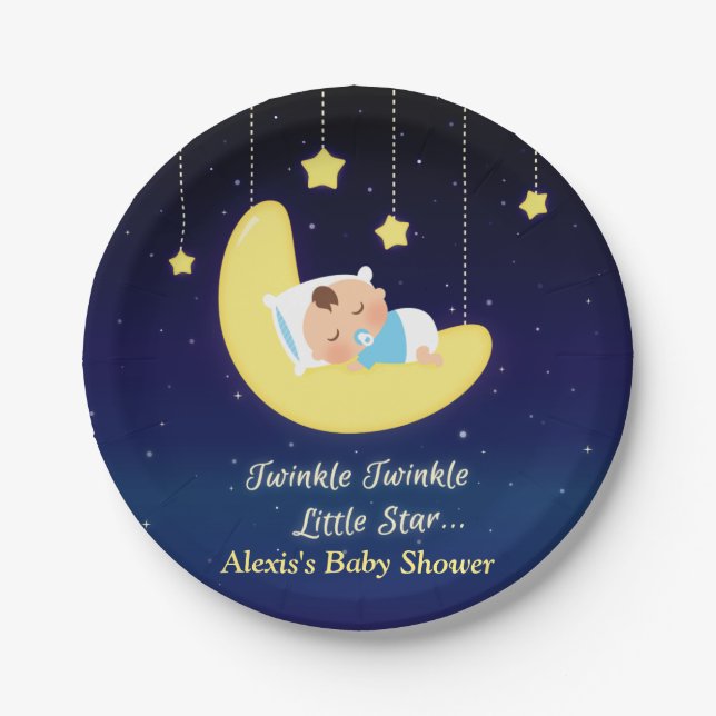 Dark Blue Twinkle Little Star Baby Shower Plates (Front)