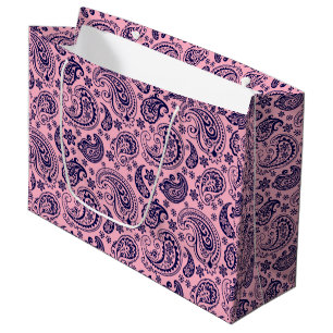 Dark-blue Vintage Paisley Pattern On Pink Large Gift Bag