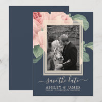 Dark Blue Vintage Pink Rose Wedding Save the Date