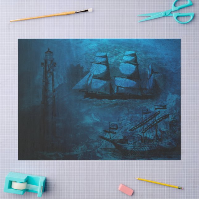 Dark Blue Vintage Ships and Lighthouse Tissue Paper (Craft)