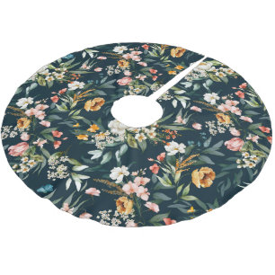 Dark Blue Vintage Style Garden Flower Pattern Brushed Polyester Tree Skirt