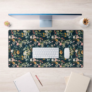 Dark Blue Vintage Style Garden Flower Pattern Desk Mat