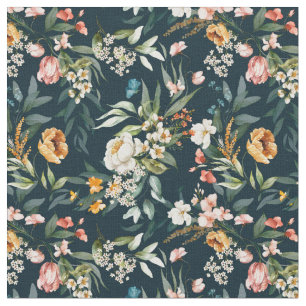 Dark Blue Vintage Style Garden Flower Pattern Fabric